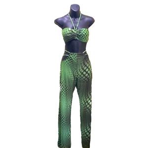 3-PC BIKINI CAMO SWIM SET SZ M GREEN/BLACK HALTER BRA, DOTS